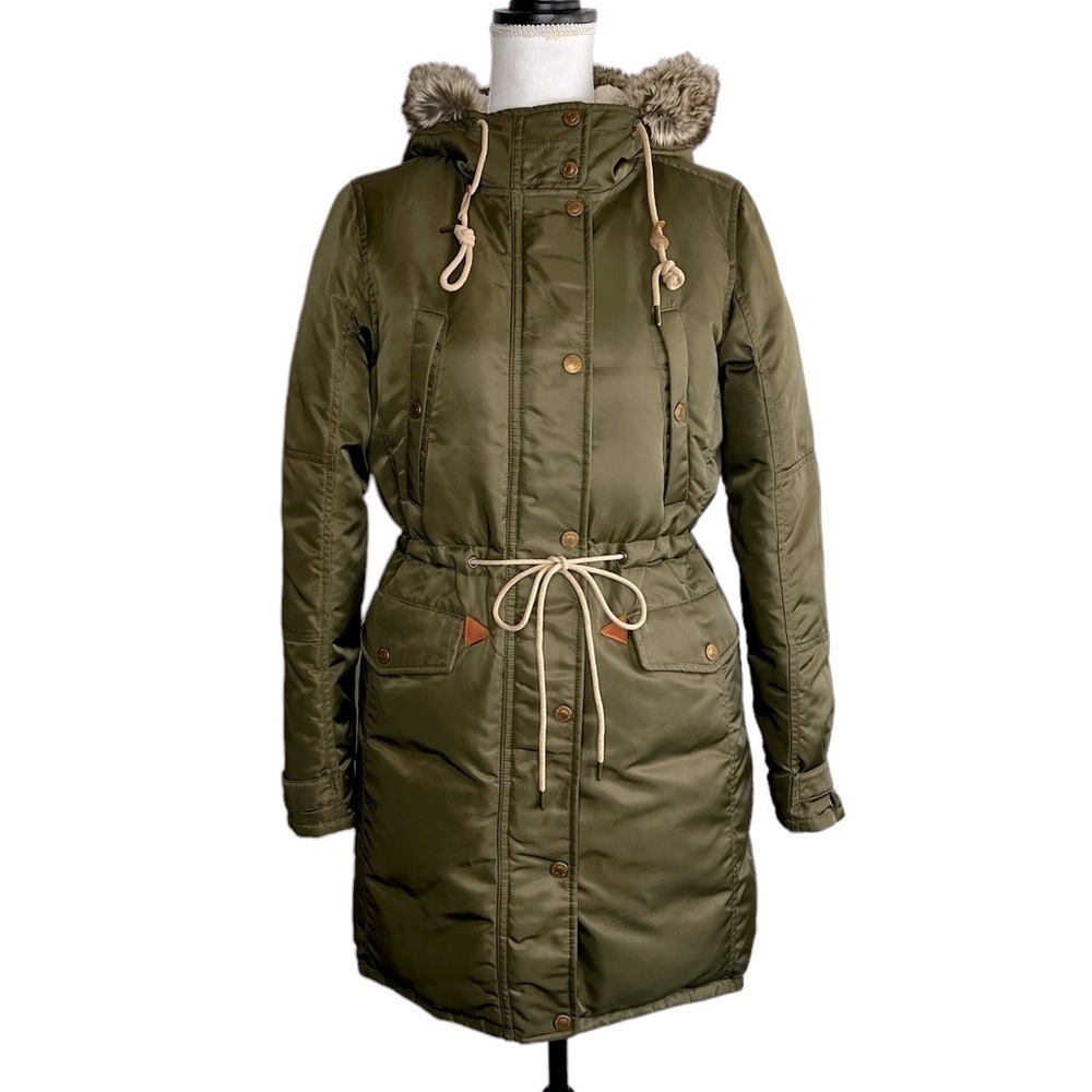 Levi Strauss Women’s Green Poly Duck Down Filled Faux Fur Hooded Parka Jacket - Picture 3 of 16